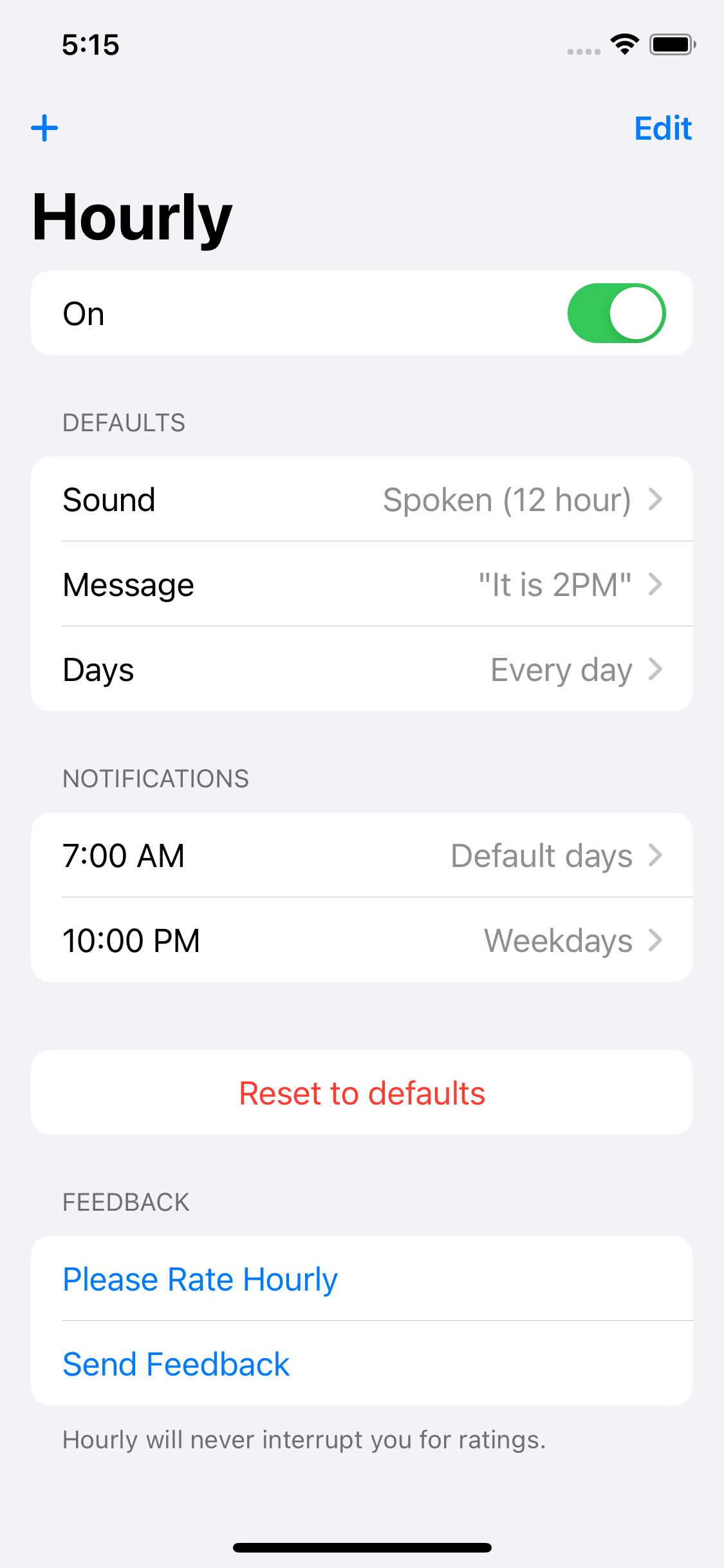 Main screen with global settings and the times of notifications